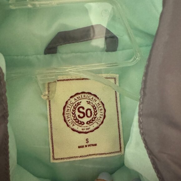 NWT SO Authentic American Heritage Grey and Mint Hooded Puffy Vest - Picture 4 of 5